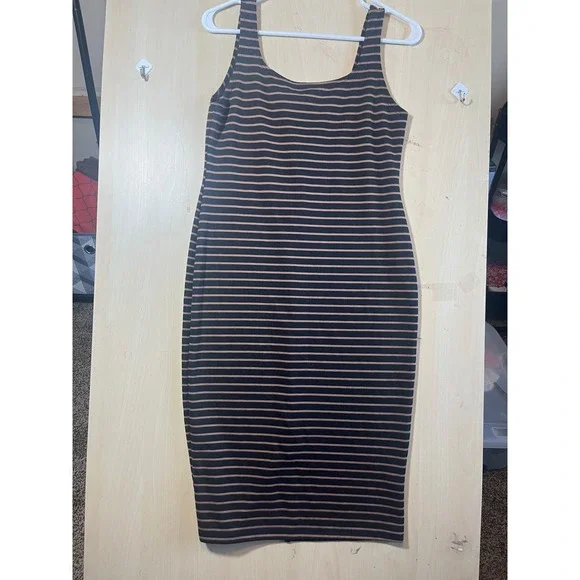 Popular Basics Black & Tan Striped Sleeveless Midi Dress XL Bodycon - Picture 3 of 6